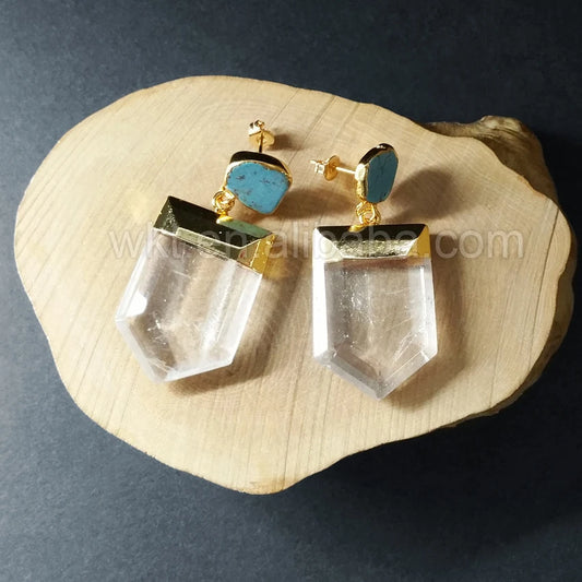 Unique Raw Stone and Clear Crystal Drop Earrings with Gold Plating