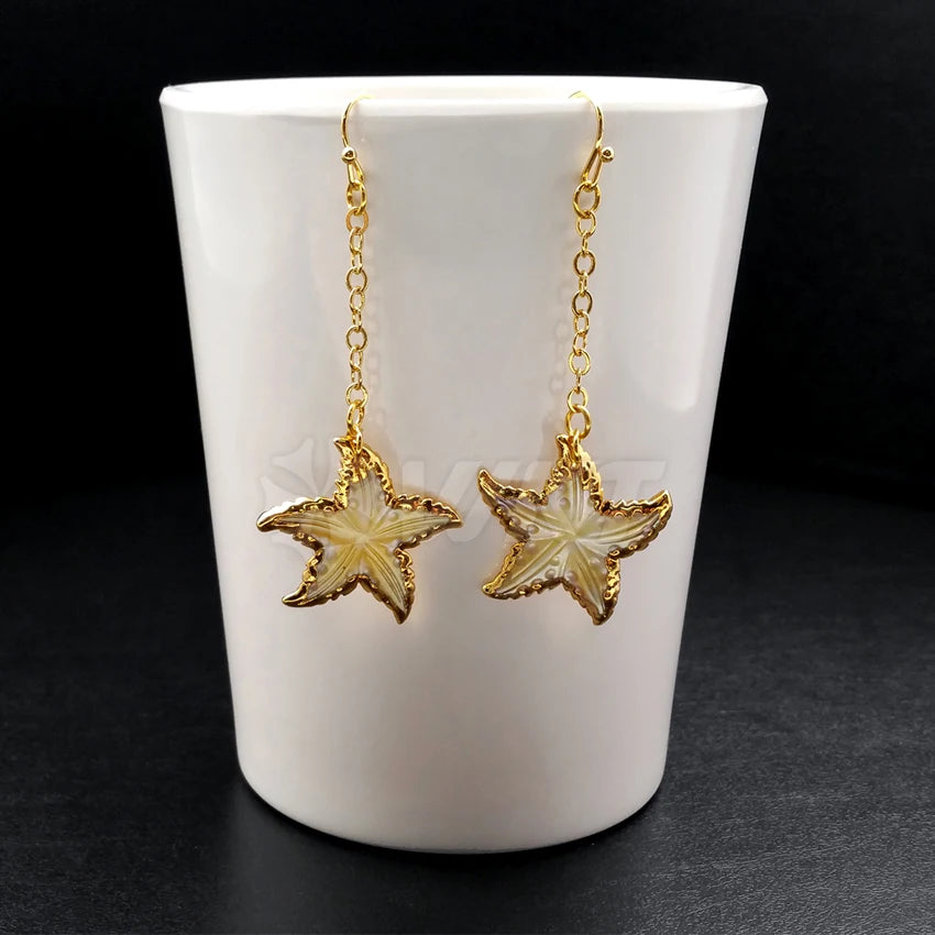 Natural Shell Star Drop Earrings with 24K Gold Trim