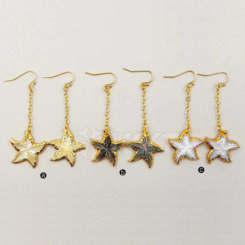 Natural Shell Star Drop Earrings with 24K Gold Trim