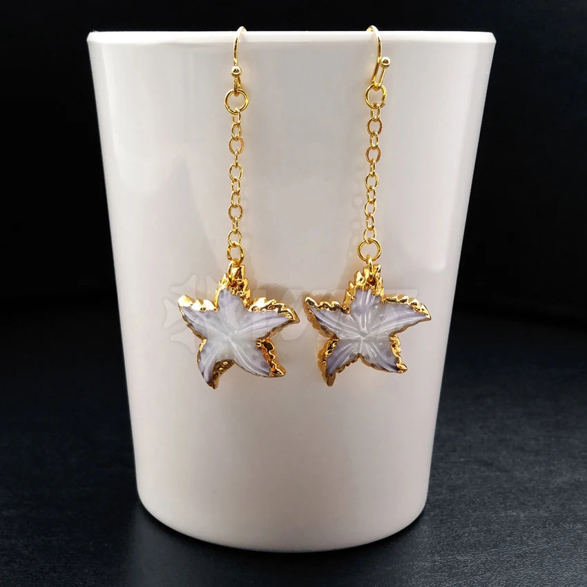 Natural Shell Star Drop Earrings with 24K Gold Trim