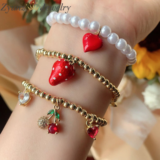 Strawberry Charm Heart Bracelet Set