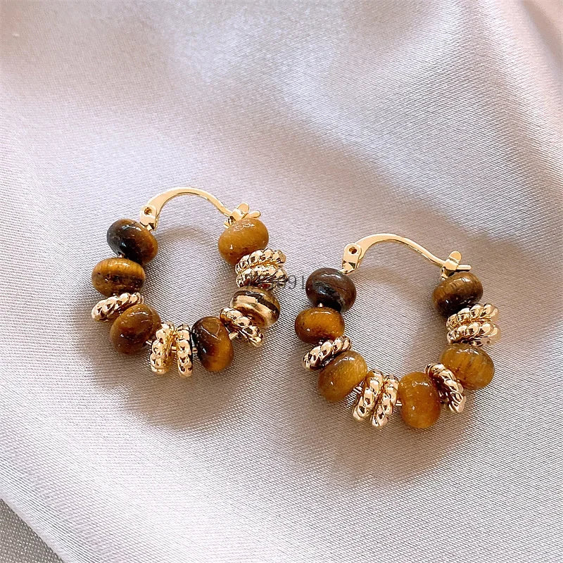 Tiger's eye stone retro earrings women's niche light luxury high-end stud earrings