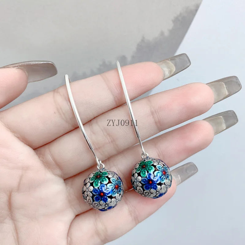 925 Sterling Silver Enamel Colored Flower Ball Earrings