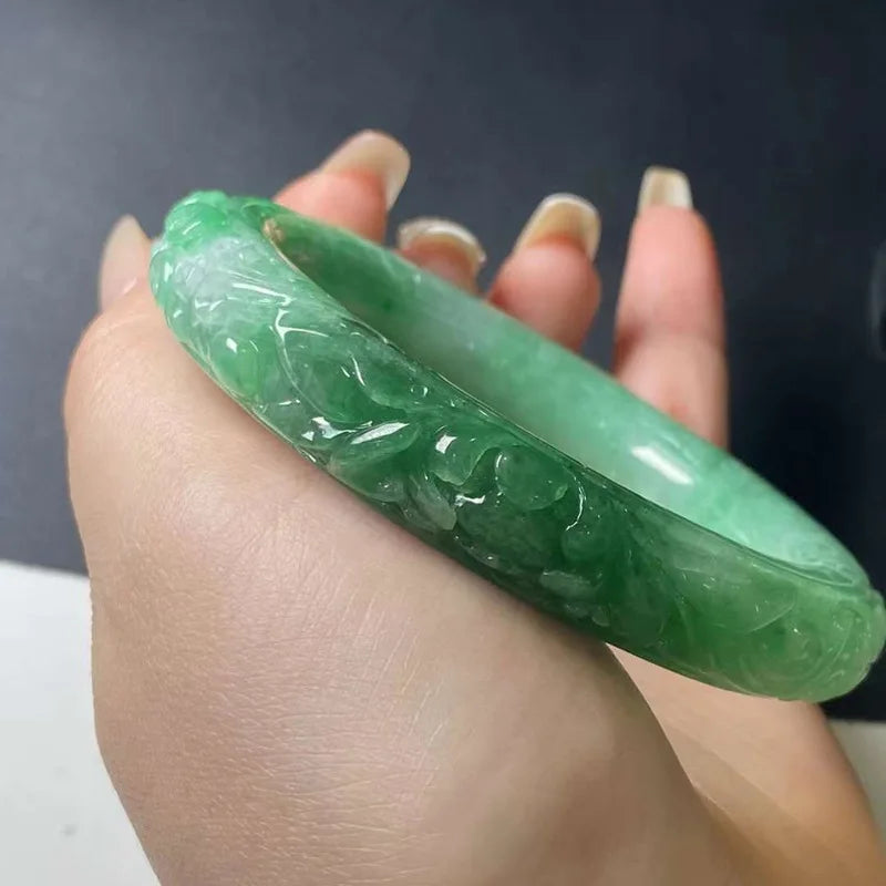 Myanmar Natural Emerald a Full Green Carved Water Bowl Good Jade Bracelet