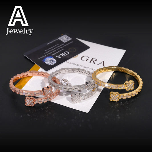 Fashion Jewelry Baguette Moissanite Bangles 925 Silver Trendy Jewelry  Clover Bangles Bracelets