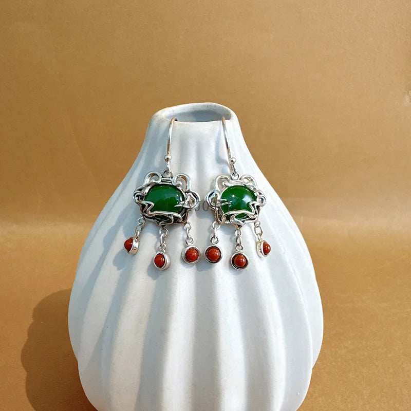 S925 Silver Ruyi Lock Earrings with Green Jade & Red Agate