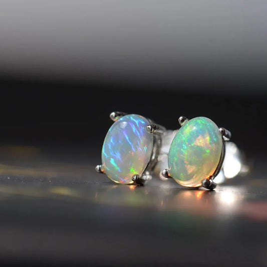 Natural Stone Opal Silver Stud Earrings