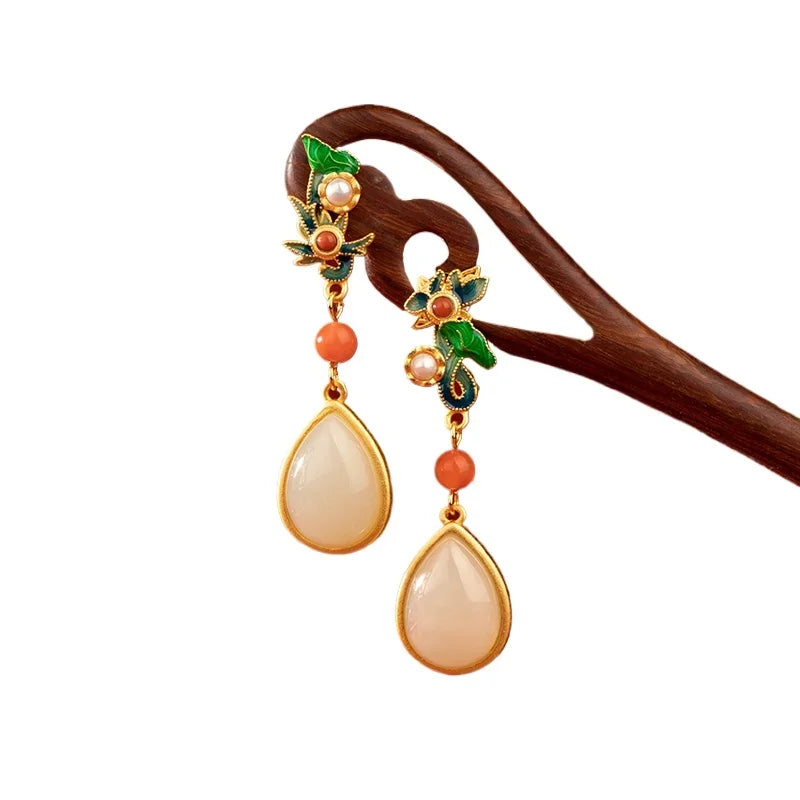 Ancient Gold Craft Nanhong Jade Water Drop Earrings