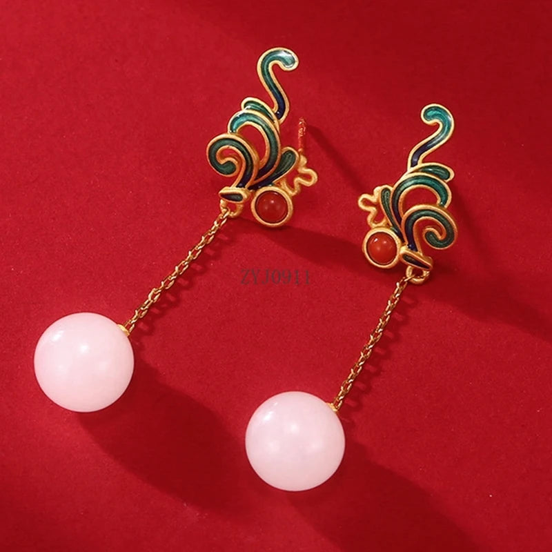 Chinese Enamel Long Tassel Earrings with Carnelian & Imitation Jade