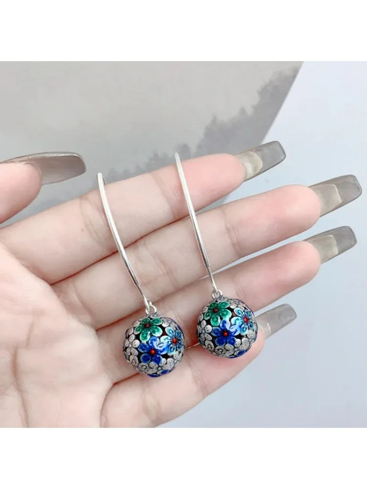 925 Sterling Silver Enamel Colored Flower Ball Earrings