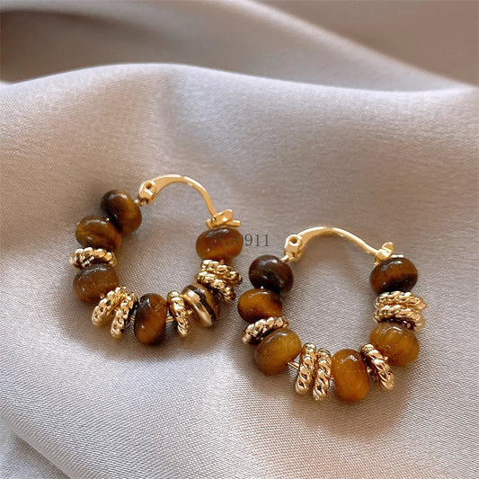 Tiger's eye stone retro earrings women's niche light luxury high-end stud earrings