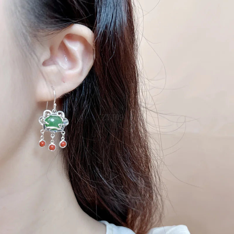 S925 Silver Ruyi Lock Earrings with Green Jade & Red Agate