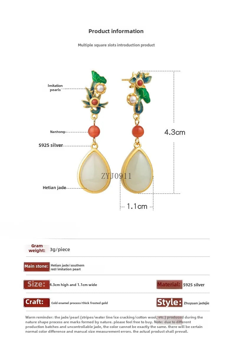 Ancient Gold Craft Nanhong Jade Water Drop Earrings