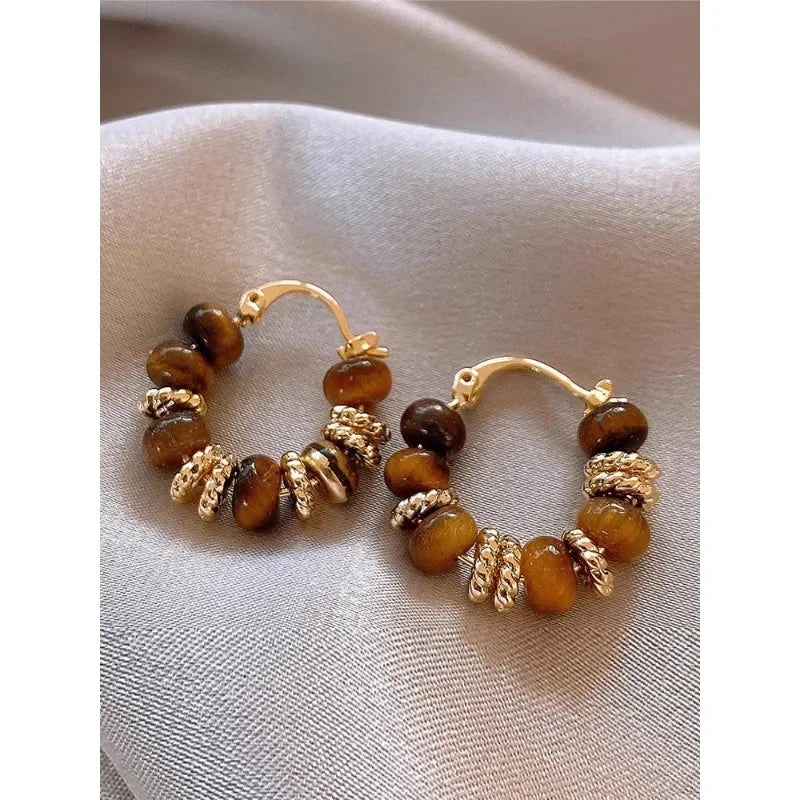 Tiger's eye stone retro earrings women's niche light luxury high-end stud earrings