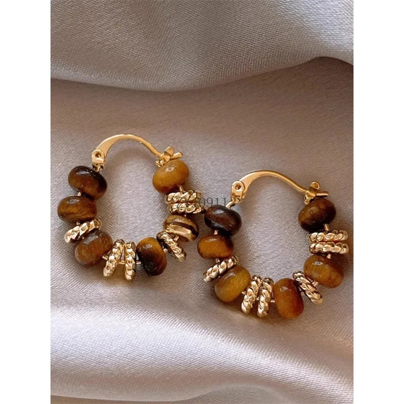 Tiger's eye stone retro earrings women's niche light luxury high-end stud earrings