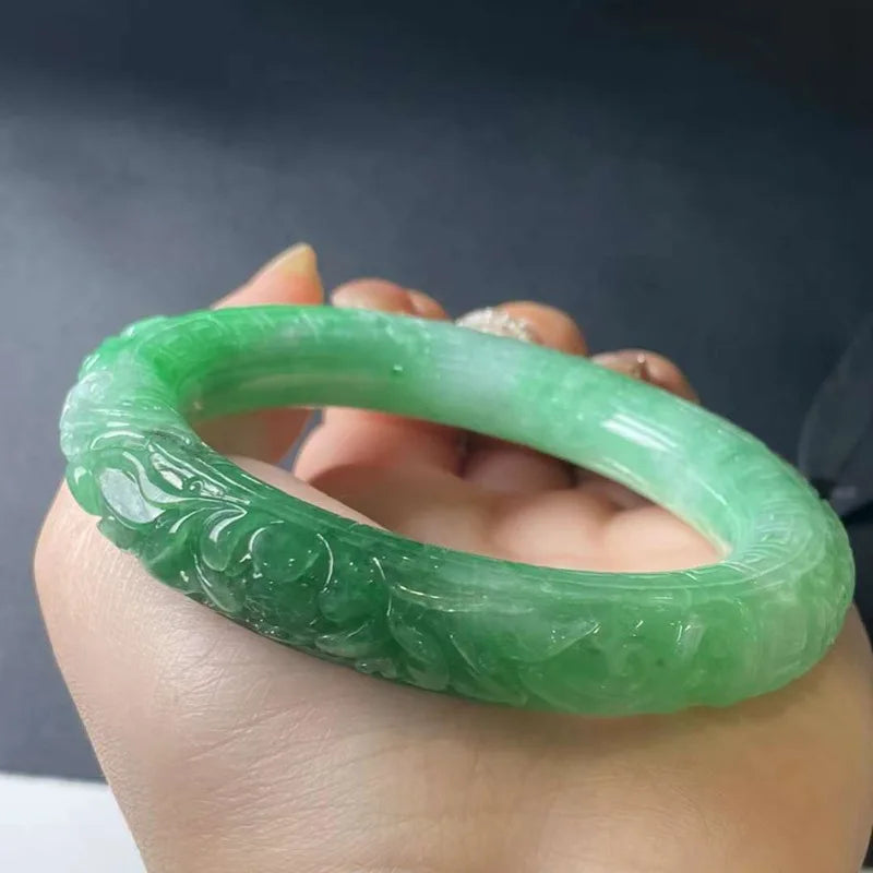 Myanmar Natural Emerald a Full Green Carved Water Bowl Good Jade Bracelet