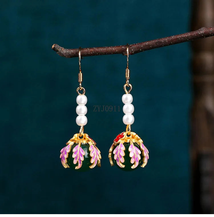 Chinese Pearl Tassel Earrings with Chalcedony Pendant