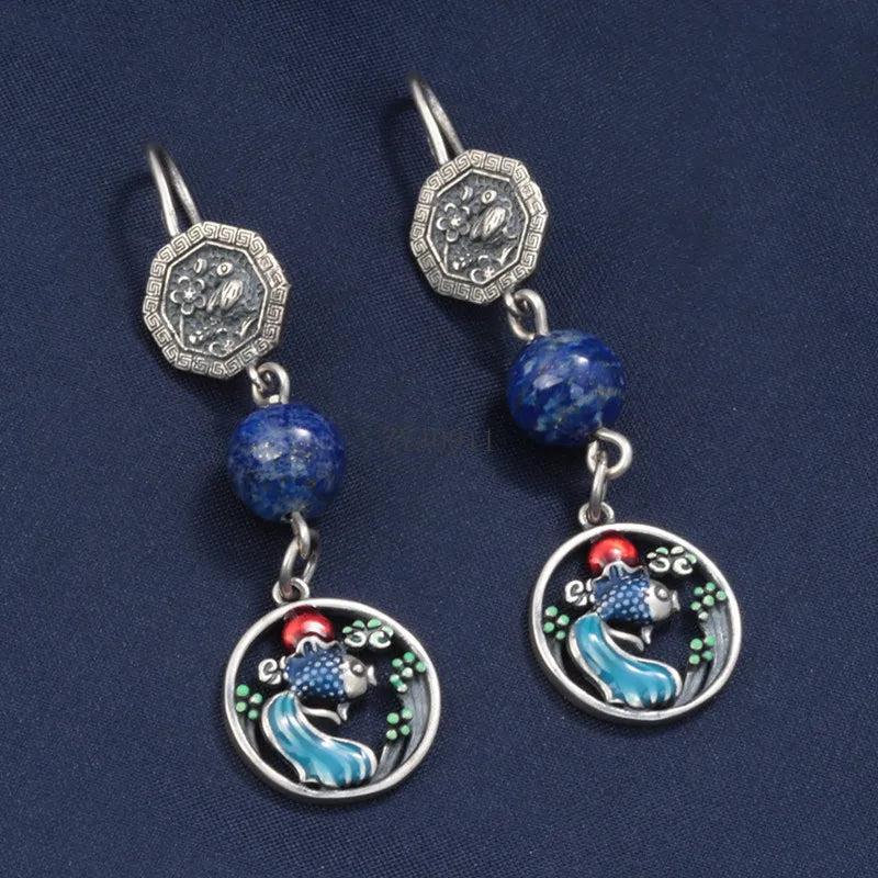 925 Sterling Silver Enamel Lapis Lazuli Goldfish Earrings