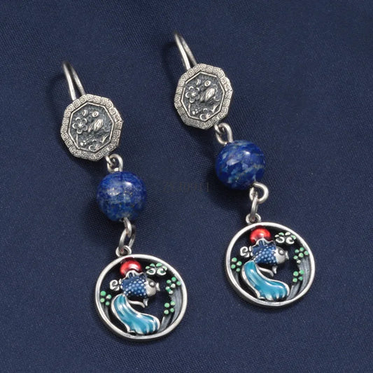 925 Sterling Silver Enamel Lapis Lazuli Goldfish Earrings