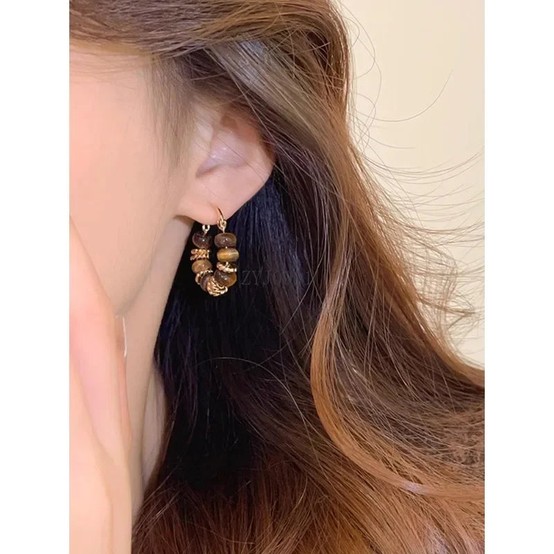 Tiger's eye stone retro earrings women's niche light luxury high-end stud earrings