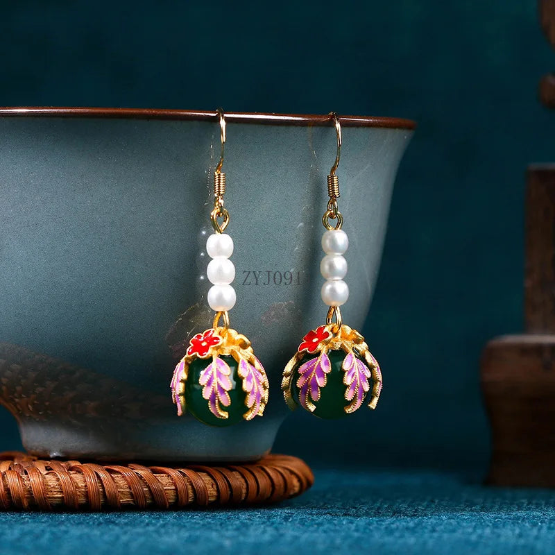 Chinese Pearl Tassel Earrings with Chalcedony Pendant