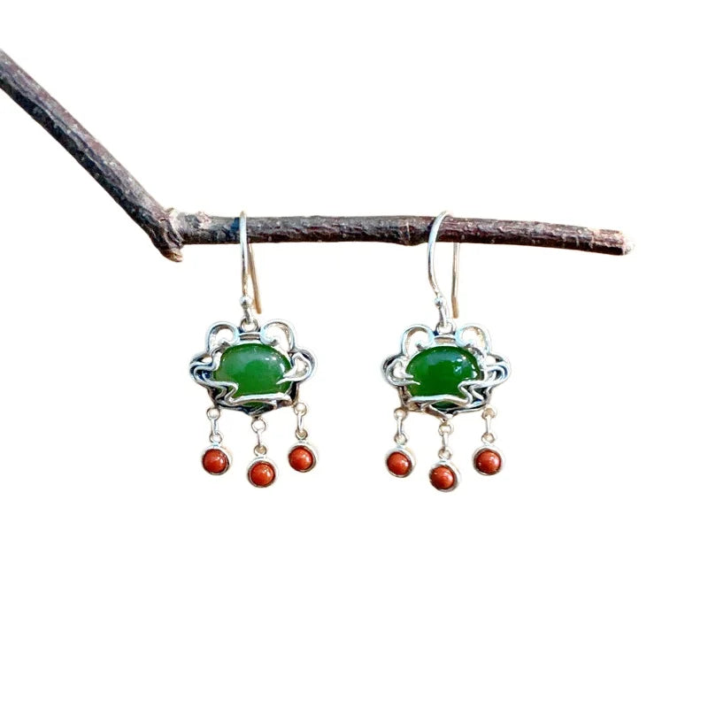 S925 Silver Ruyi Lock Earrings with Green Jade & Red Agate