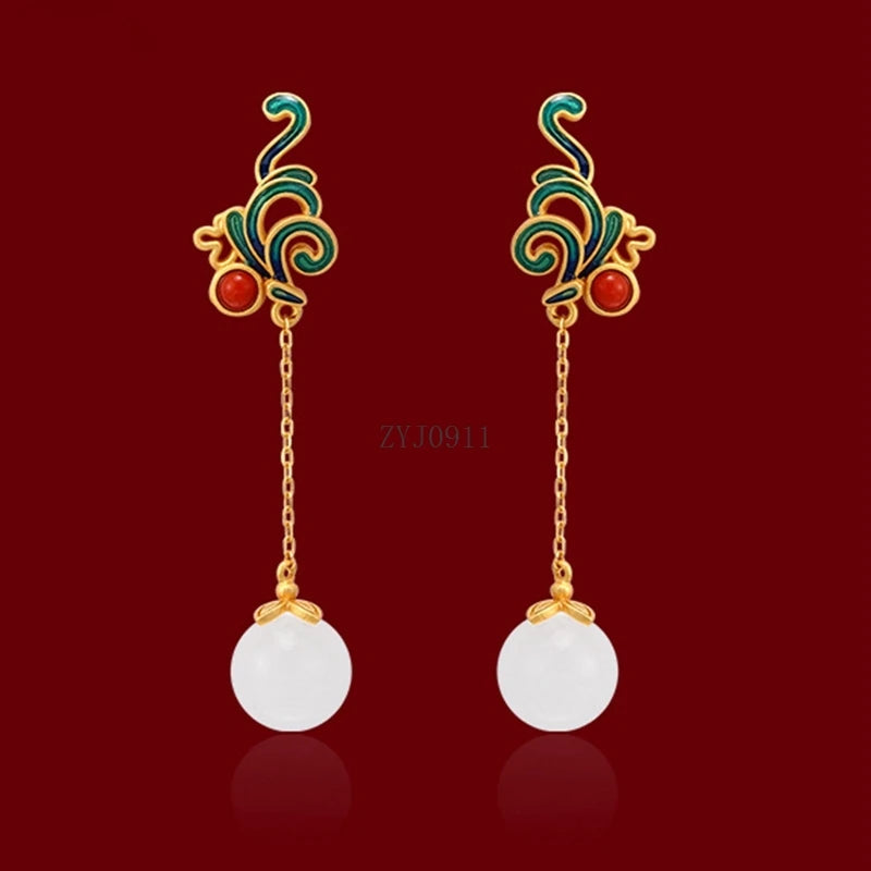 Chinese Enamel Long Tassel Earrings with Carnelian & Imitation Jade