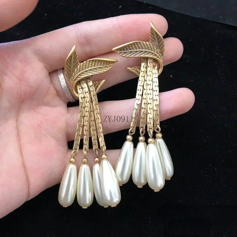 Vintage Leaf Tassel Pearl Pendant Earrings