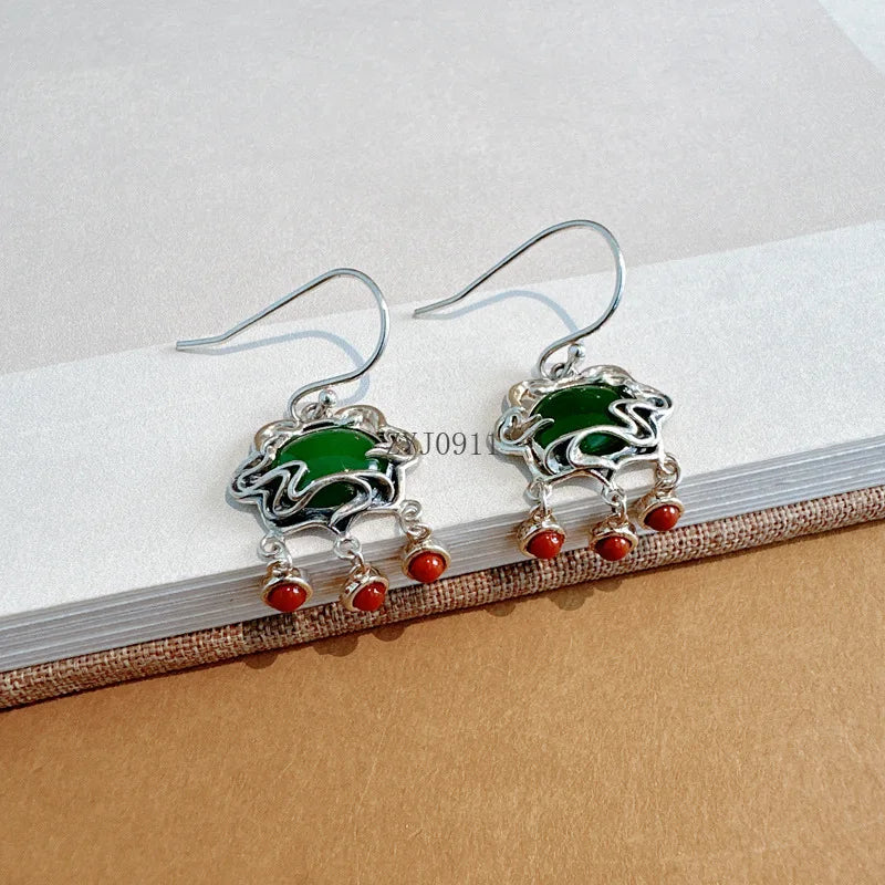 S925 Silver Ruyi Lock Earrings with Green Jade & Red Agate