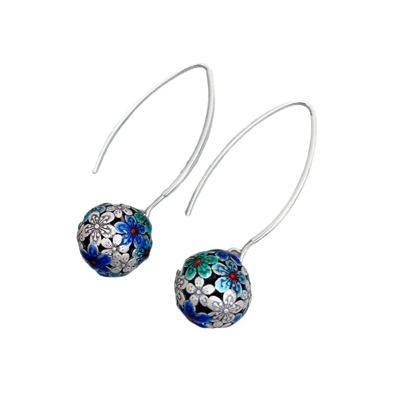 925 Sterling Silver Enamel Colored Flower Ball Earrings