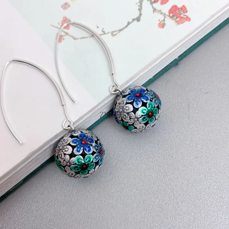 925 Sterling Silver Enamel Colored Flower Ball Earrings