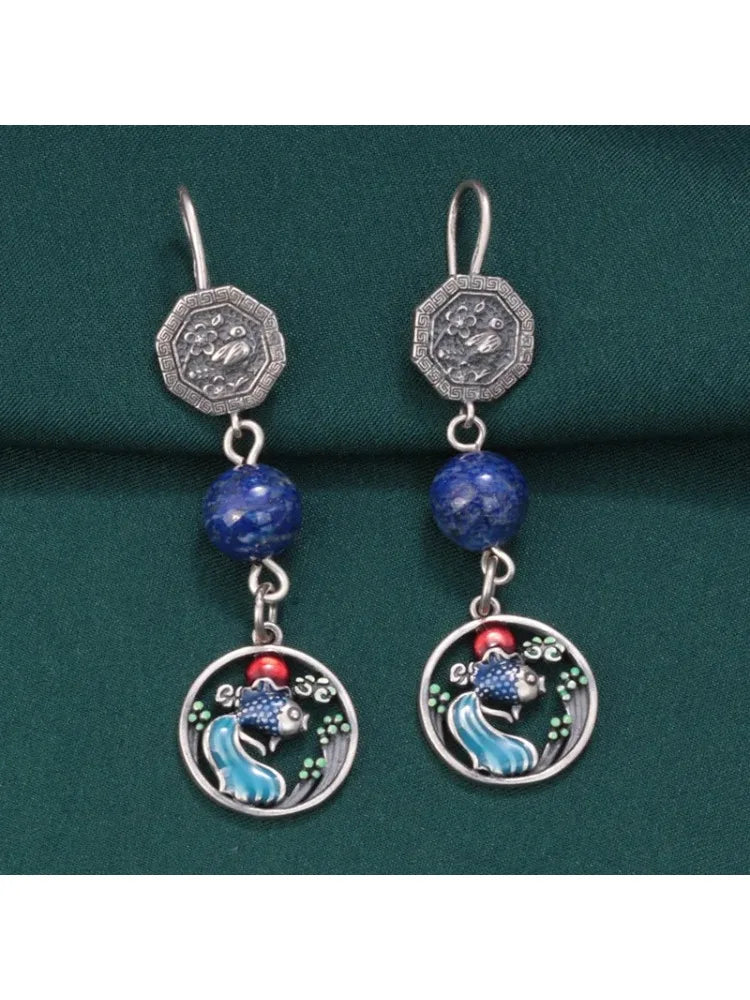 925 Sterling Silver Enamel Lapis Lazuli Goldfish Earrings