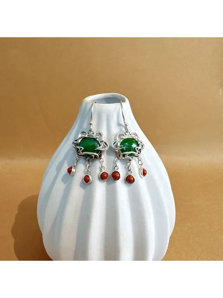 S925 Silver Ruyi Lock Earrings with Green Jade & Red Agate