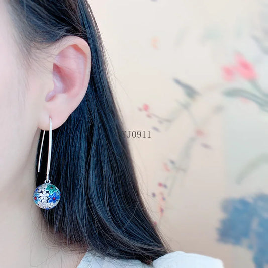 925 Sterling Silver Enamel Colored Flower Ball Earrings