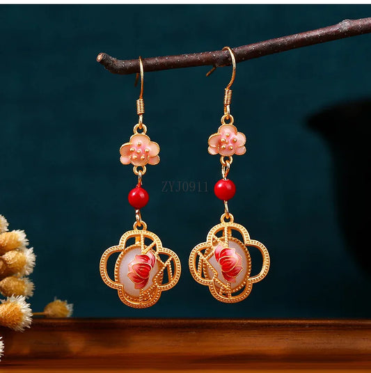 Vintage Enamel Lotus Pendant Earrings – Ethnic Style