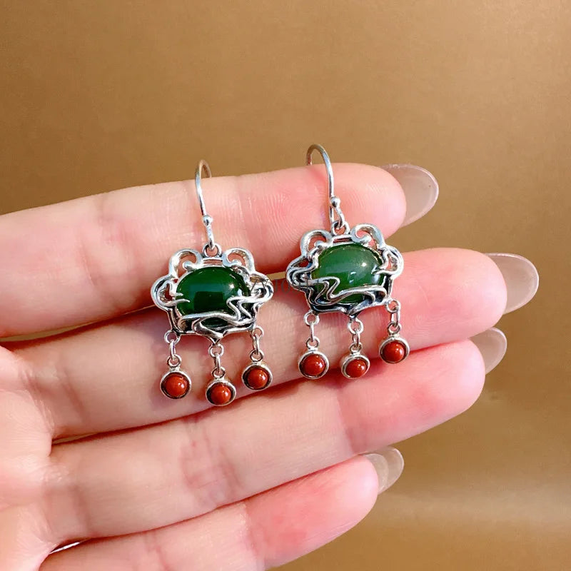 S925 Silver Ruyi Lock Earrings with Green Jade & Red Agate