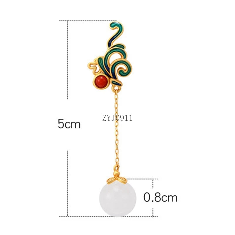 Chinese Enamel Long Tassel Earrings with Carnelian & Imitation Jade