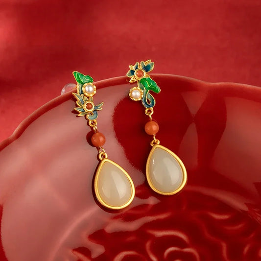 Ancient Gold Craft Nanhong Jade Water Drop Earrings