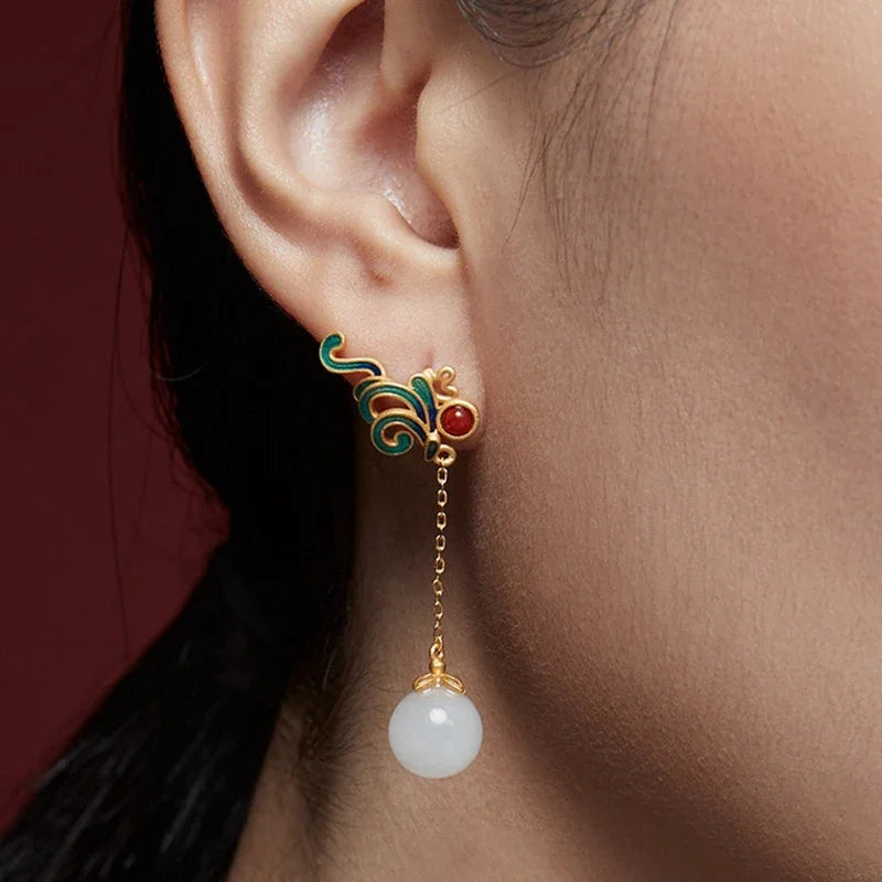 Chinese Enamel Long Tassel Earrings with Carnelian & Imitation Jade