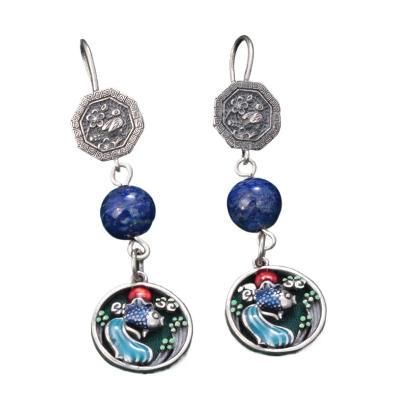 925 Sterling Silver Enamel Lapis Lazuli Goldfish Earrings