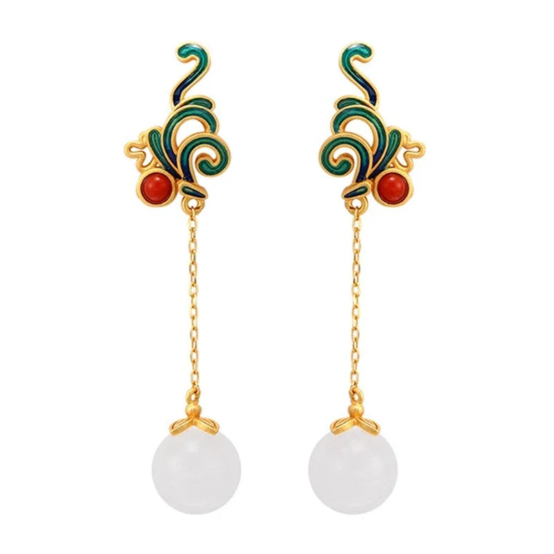 Chinese Enamel Long Tassel Earrings with Carnelian & Imitation Jade